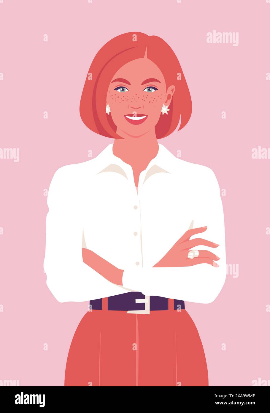 Ritratto di una donna dai capelli rossi con lentiggini con le braccia incrociate. Diversità. Illustrazione piatta vettoriale Illustrazione Vettoriale