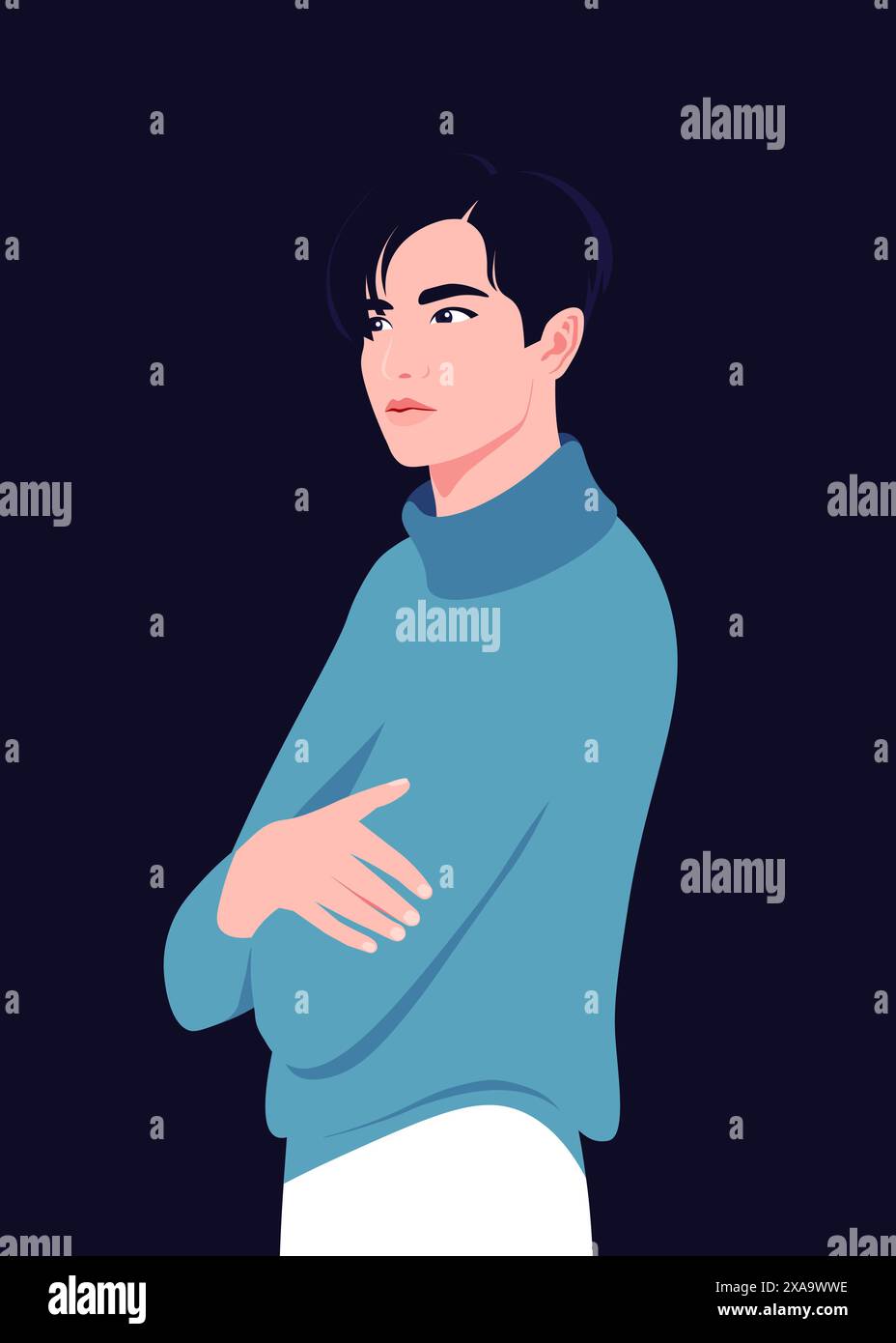 Un uomo asiatico con le braccia incrociate. Un uomo d'affari pensa e prende una decisione. Problemi e loro soluzione. Illustrazione piatta vettoriale Illustrazione Vettoriale