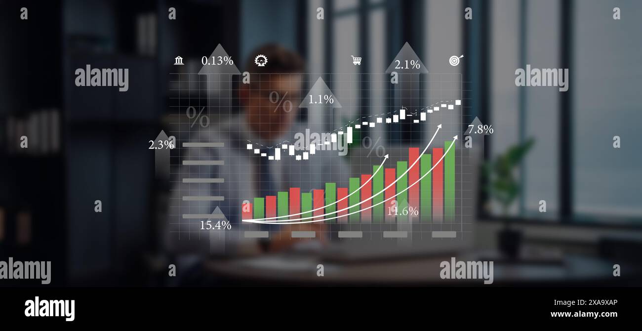 concetti economici. grafici verdi e rossi con frecce e percentuali che indicano la crescita Foto Stock