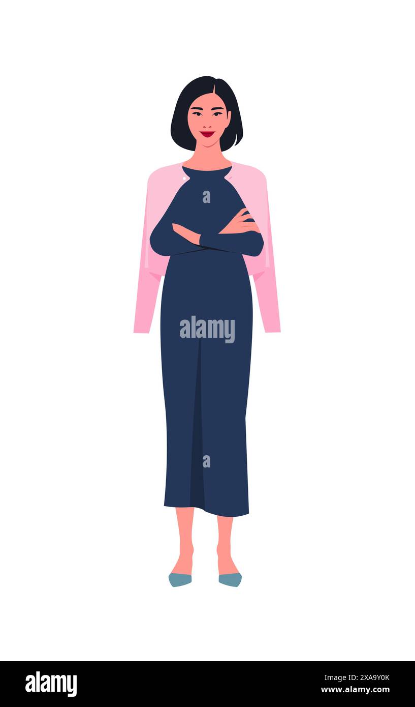 Ritratto di una donna asiatica in piedi a tutta lunghezza con le braccia incrociate. Le professioni e gli affari d'ufficio più popolari. Illustrazione piatta vettoriale Illustrazione Vettoriale