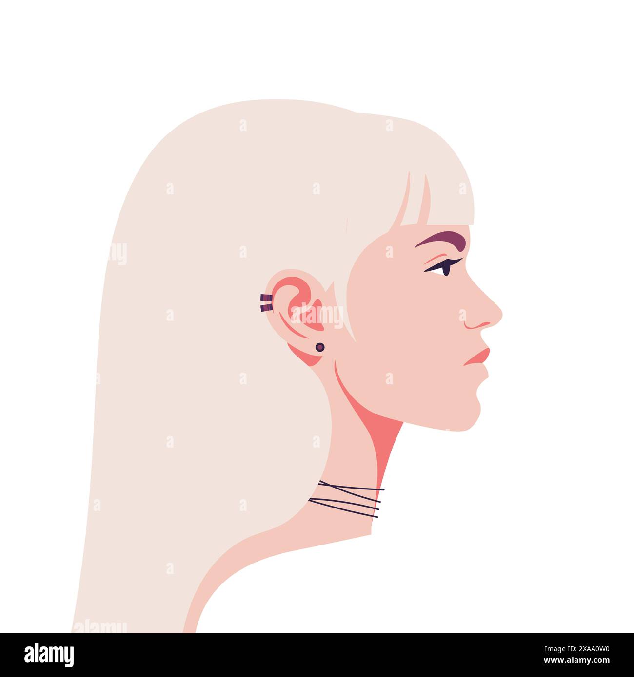 Un profilo di una giovane donna bionda con piercing. Vista laterale. Modello alla moda. Illustrazione piatta vettoriale Illustrazione Vettoriale