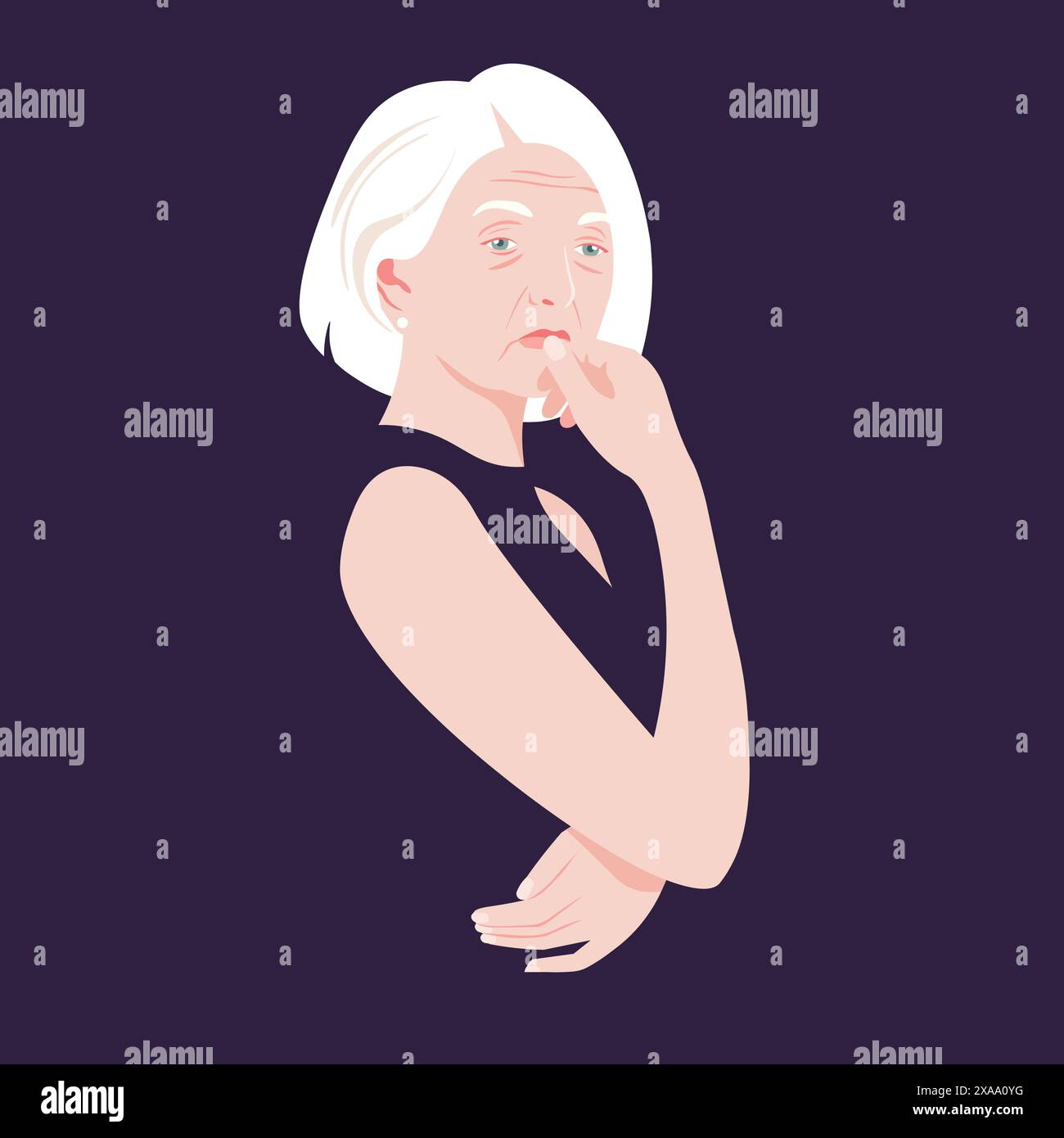 Una giovane donna anziana pensa e prende una decisione. Ritratto di una nonna. Problemi e loro soluzione. Illustrazione piatta vettoriale Illustrazione Vettoriale