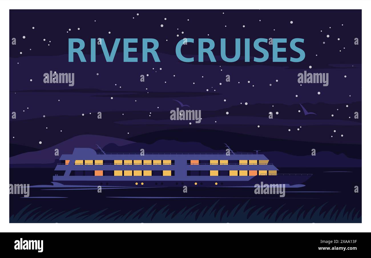 Nave da crociera sul fiume. Viaggio estivo. Paesaggio notturno. Viaggio ricreativo lungo il corso d'acqua. Illustrazione in stile piatto. Illustrazione Vettoriale