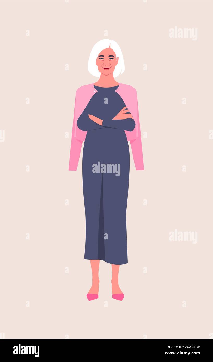 Ritratto di una donna anziana in piedi a tutta lunghezza con le braccia incrociate. Nonna. Illustrazione piatta vettoriale Illustrazione Vettoriale