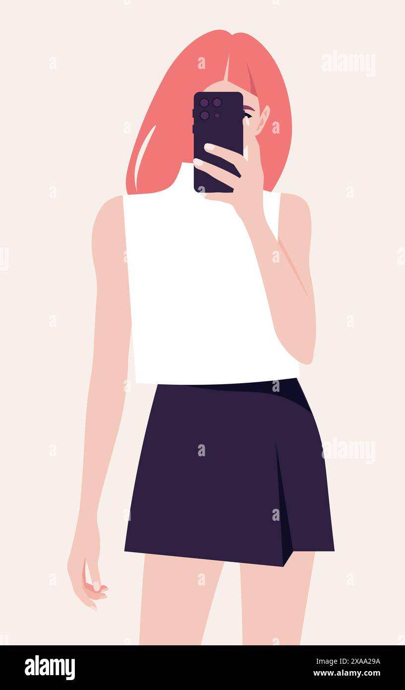 Ritratto di una donna rossa che tiene in mano uno smartphone e scatta selfie con la fotocamera anteriore. Un blogger viene fotografato. Illustrazione piatta vettoriale Illustrazione Vettoriale