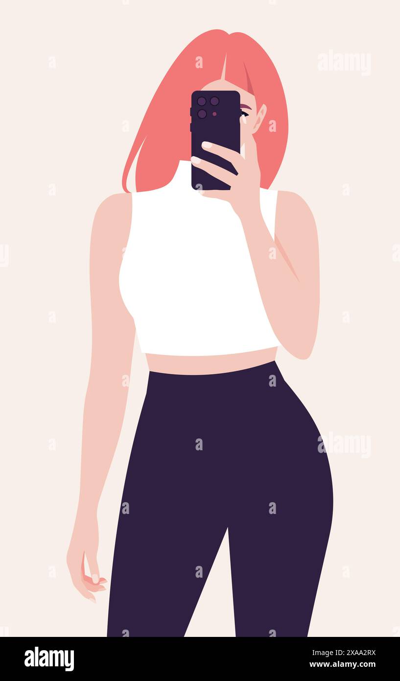 Ritratto di una donna rossa curva che tiene in mano lo smartphone per scattare selfie con la fotocamera anteriore. Un blogger viene fotografato. Illustrazione piatta vettoriale Illustrazione Vettoriale