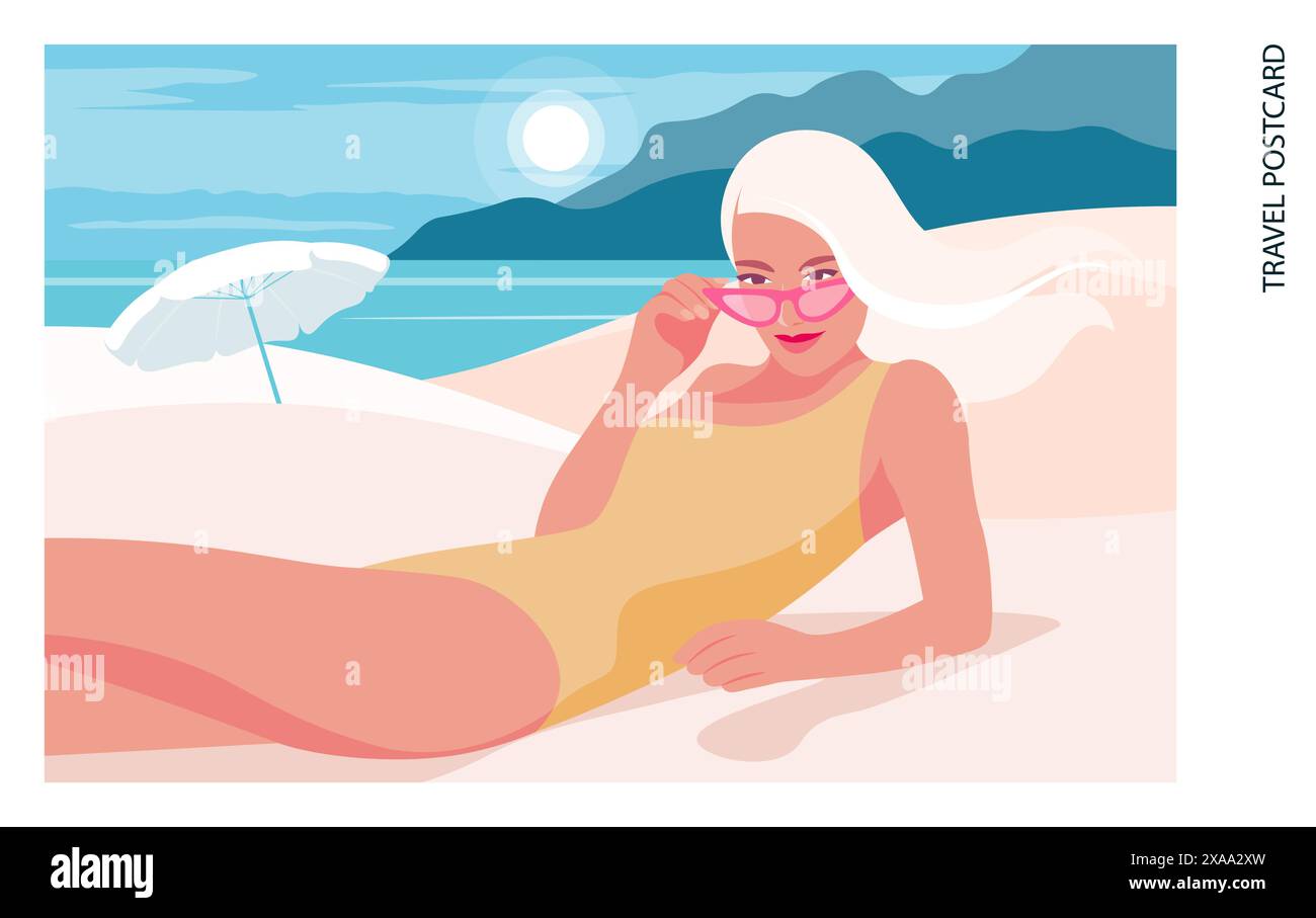 Bella donna sdraiata sulla spiaggia sabbiosa sullo sfondo con mare e montagne. Vacanze estive nei resort del sud. Illustrazione piatta vettoriale Illustrazione Vettoriale