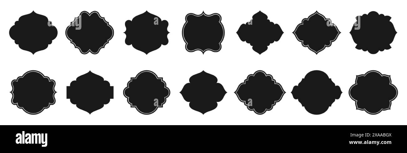 Set di finestre islamiche. Silhouette nera di elementi di design arabi o decorazioni in stile orientale. L'architettura musulmana incornicia in forme diverse per il Ramadan. Archi di moschea vettoriali isolati su sfondo bianco Illustrazione Vettoriale