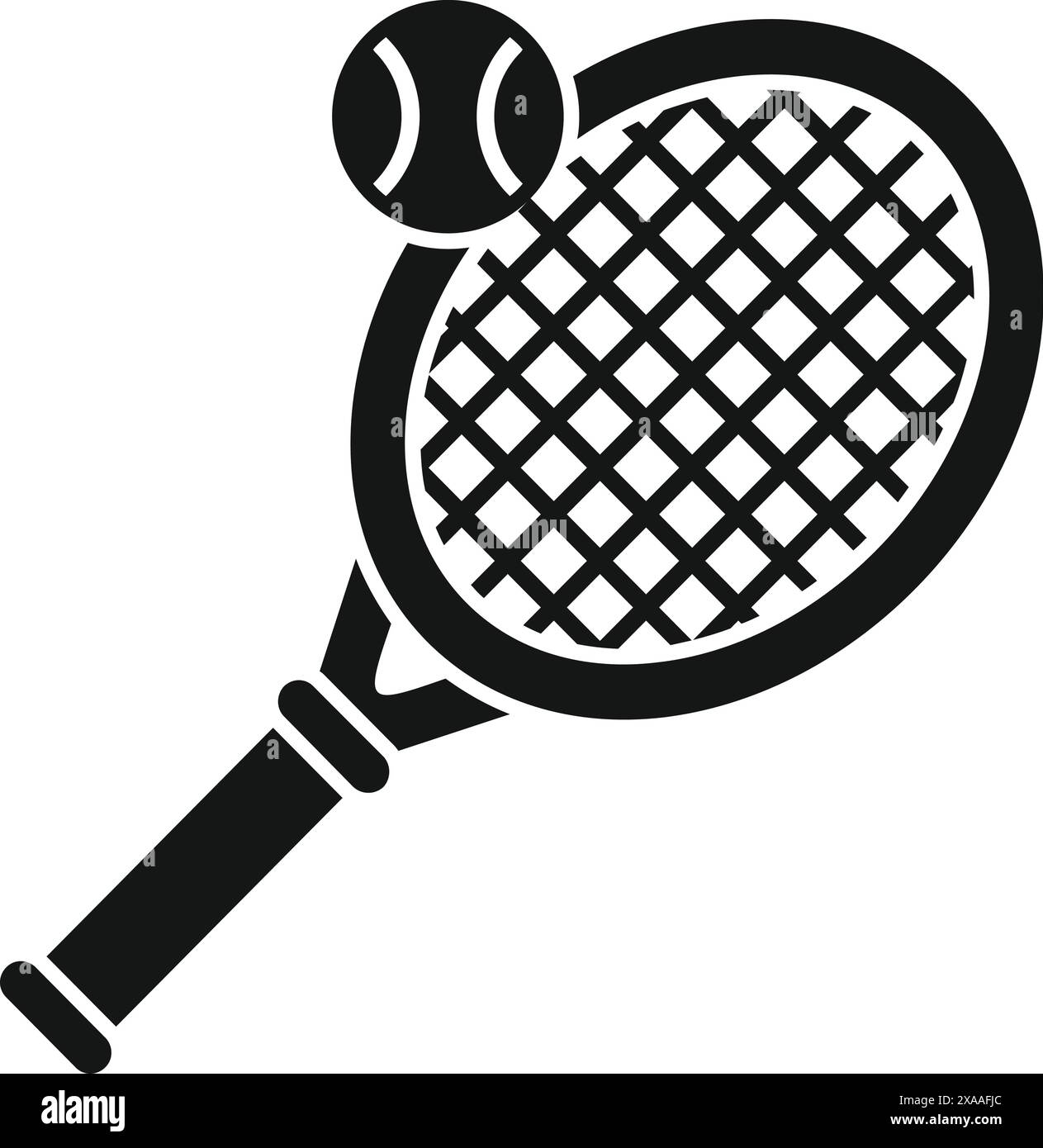 Icona vettoriale in bianco e nero di una racchetta e di una palla da tennis, perfetta per la grafica sportiva Illustrazione Vettoriale