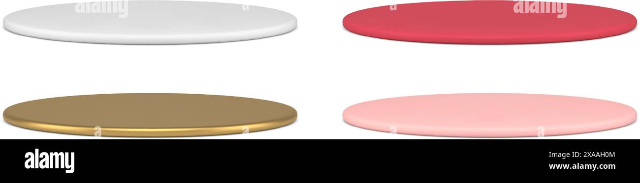 Collezione realistica cilindro sottile metallico lucido piatto rotondo podio modello 3d vettoriale. Crea una piattaforma minimalista con piedistallo circolare Illustrazione Vettoriale