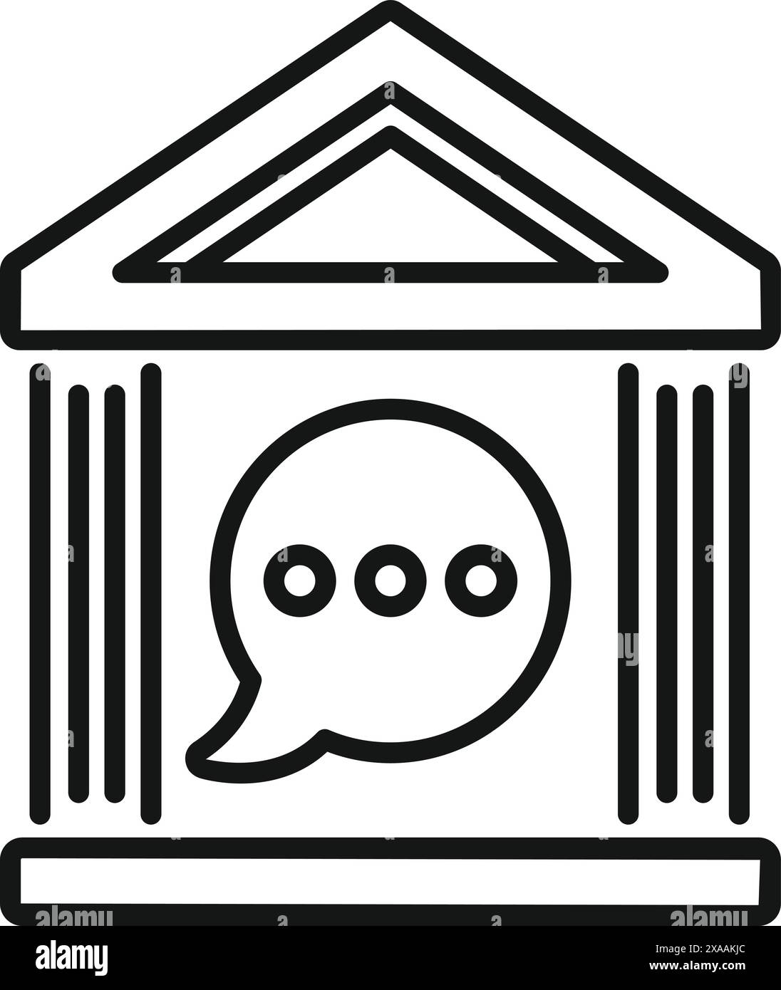 Icona vettoriale della linea nera di un tribunale con una bolla di discorso, che rappresenta una discussione legale o un Consiglio Illustrazione Vettoriale