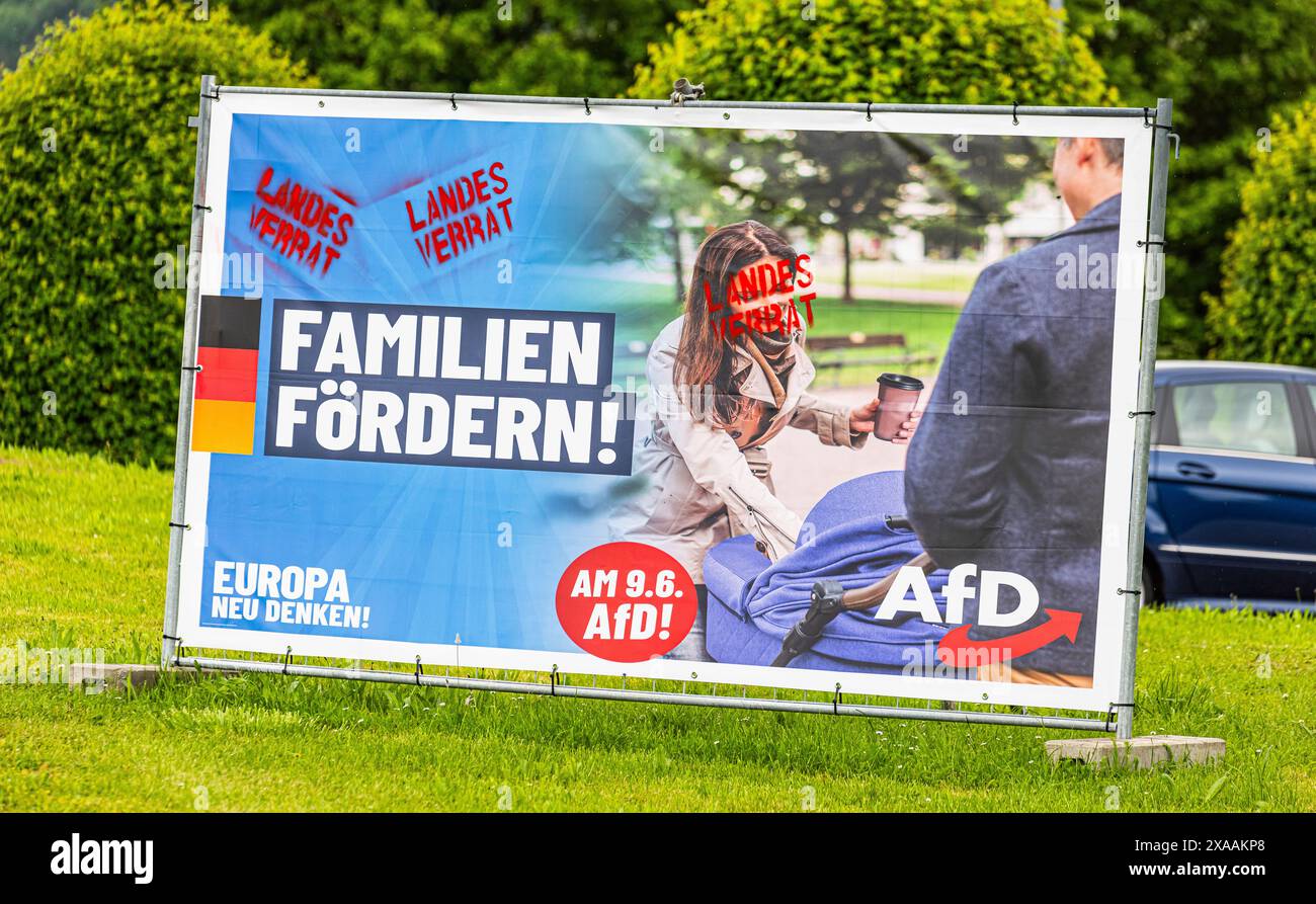 Lauchringen, Germania, 26 maggio 2024: Un poster della campagna elettorale di alternative per la Germania (AfD) chiede il sostegno delle famiglie. Era spray Foto Stock