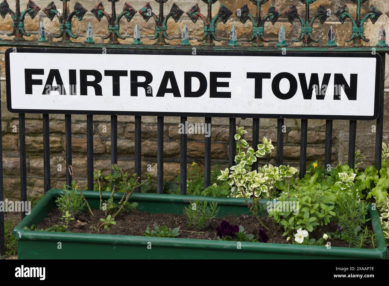 Cartello di Fairtrade Town Foto Stock