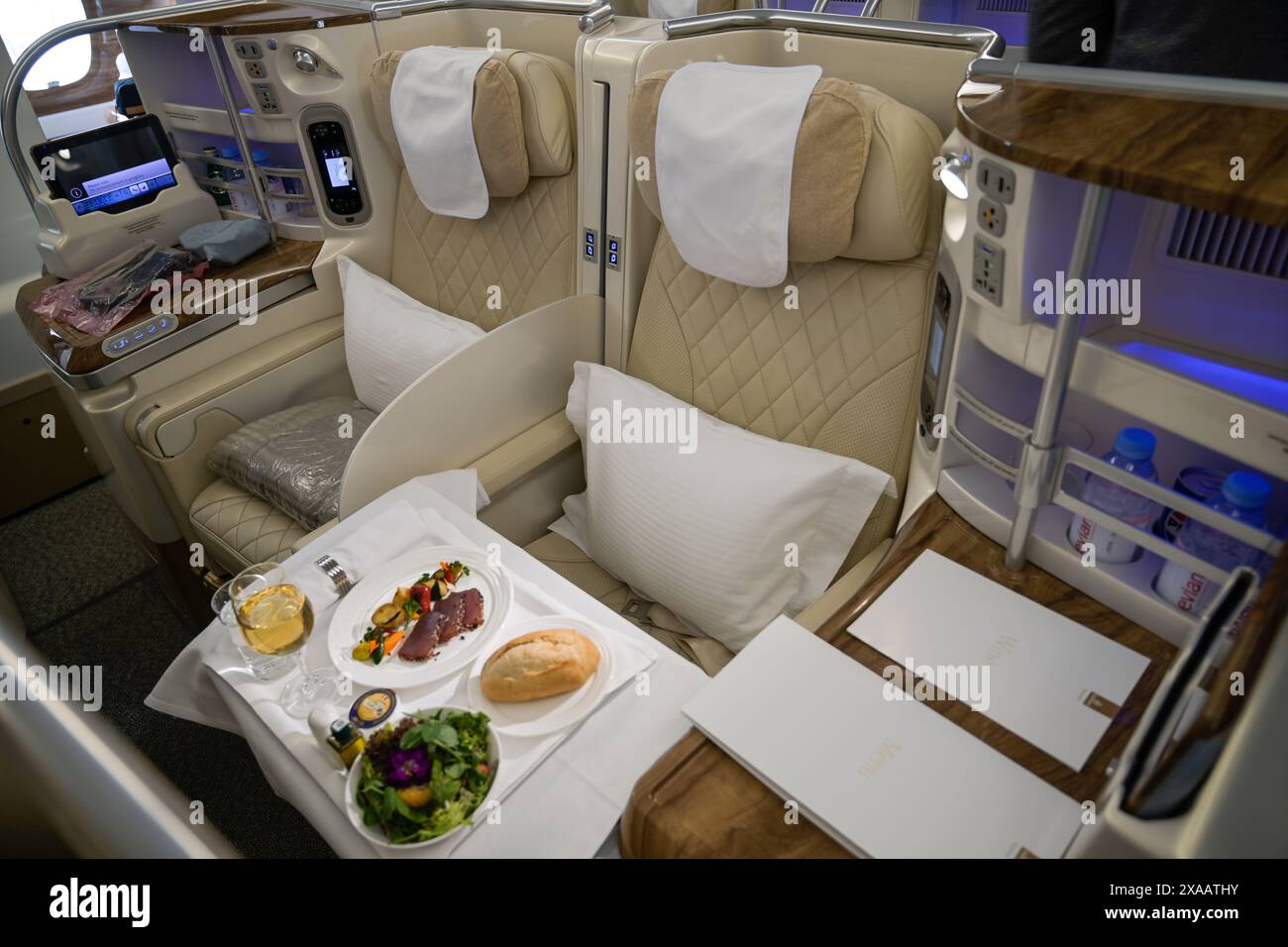 Vorspeise, Essen, Business Class, Emirates Airbus A380 Foto Stock