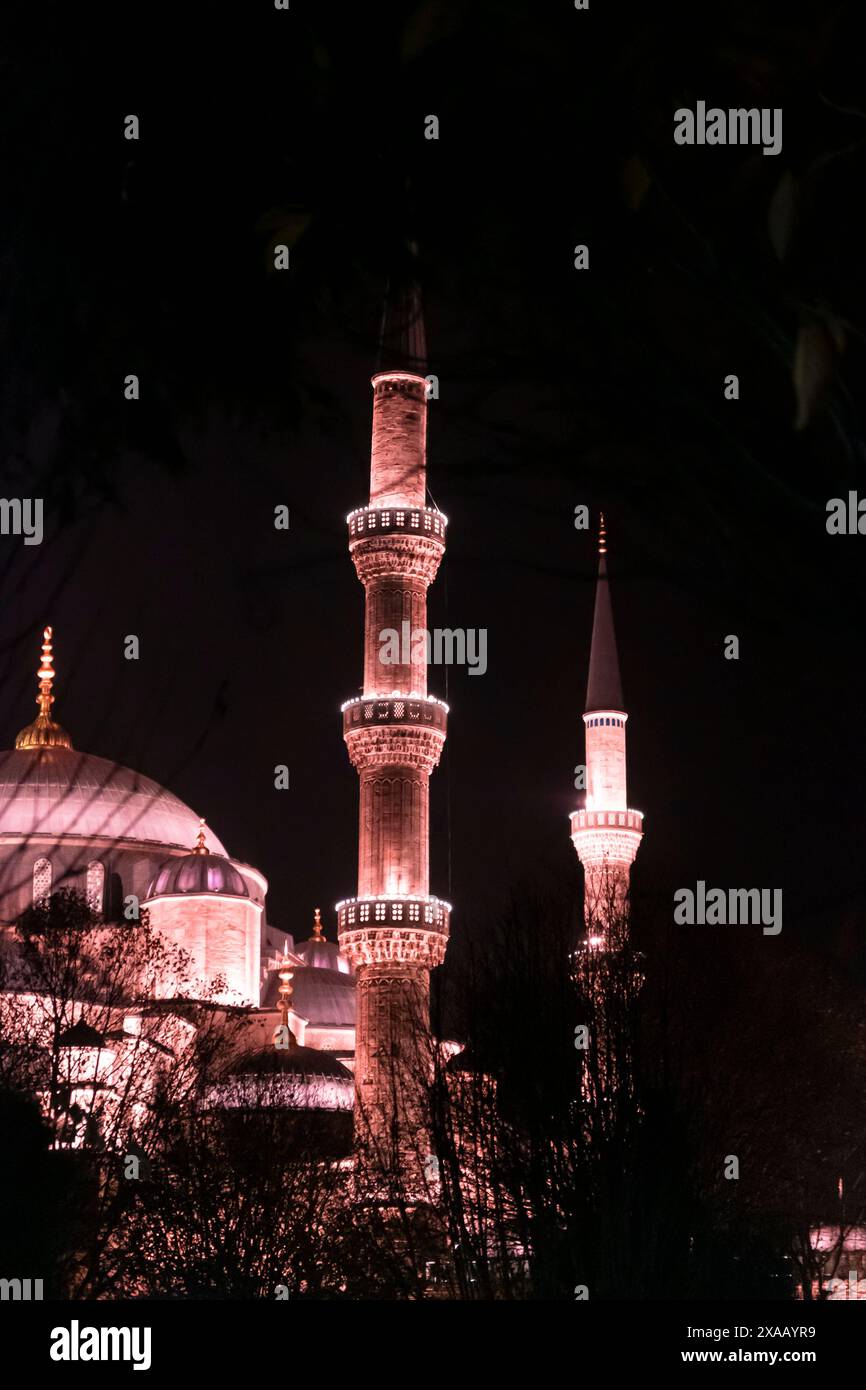 Una vista notturna dei minareti della Moschea Blu (Sultanahmet Camii) illuminati con numerose luci, UNESCO, Istanbul Foto Stock
