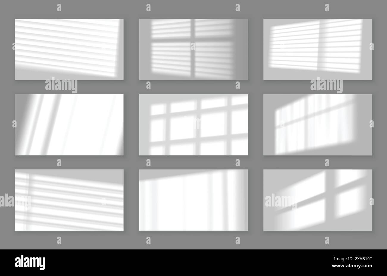 Muro realistico con ombra gobo. Cornice della finestra e persiane ombreggiate su sfondo bianco studio, set vettoriale di sovrapposizione effetto fulmine Illustrazione Vettoriale