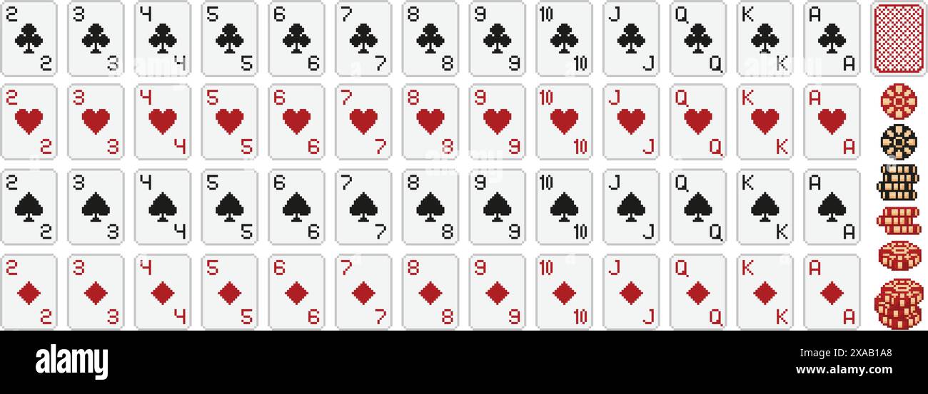 Pixel art poker. Mazzo di carte pixelate a 8 bit con mazze, diamanti, cuori e picche, simboli e chip da poker in un videogioco retrò Illustrazione Vettoriale