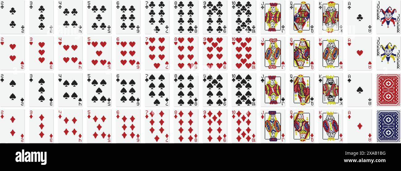 Carte da gioco pixel art. Mazzo standard di 52 carte da gioco con mazze pixelate, diamanti, cuori e picche. Carte facciali illustrate Jack, Queen, King Illustrazione Vettoriale