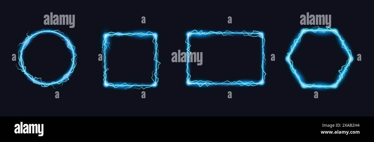 Telaio Thunder. Magic Lightning Border, Electric Energy Square e shock power thunderbolt Circle Vector Set. Illustrazione Vettoriale