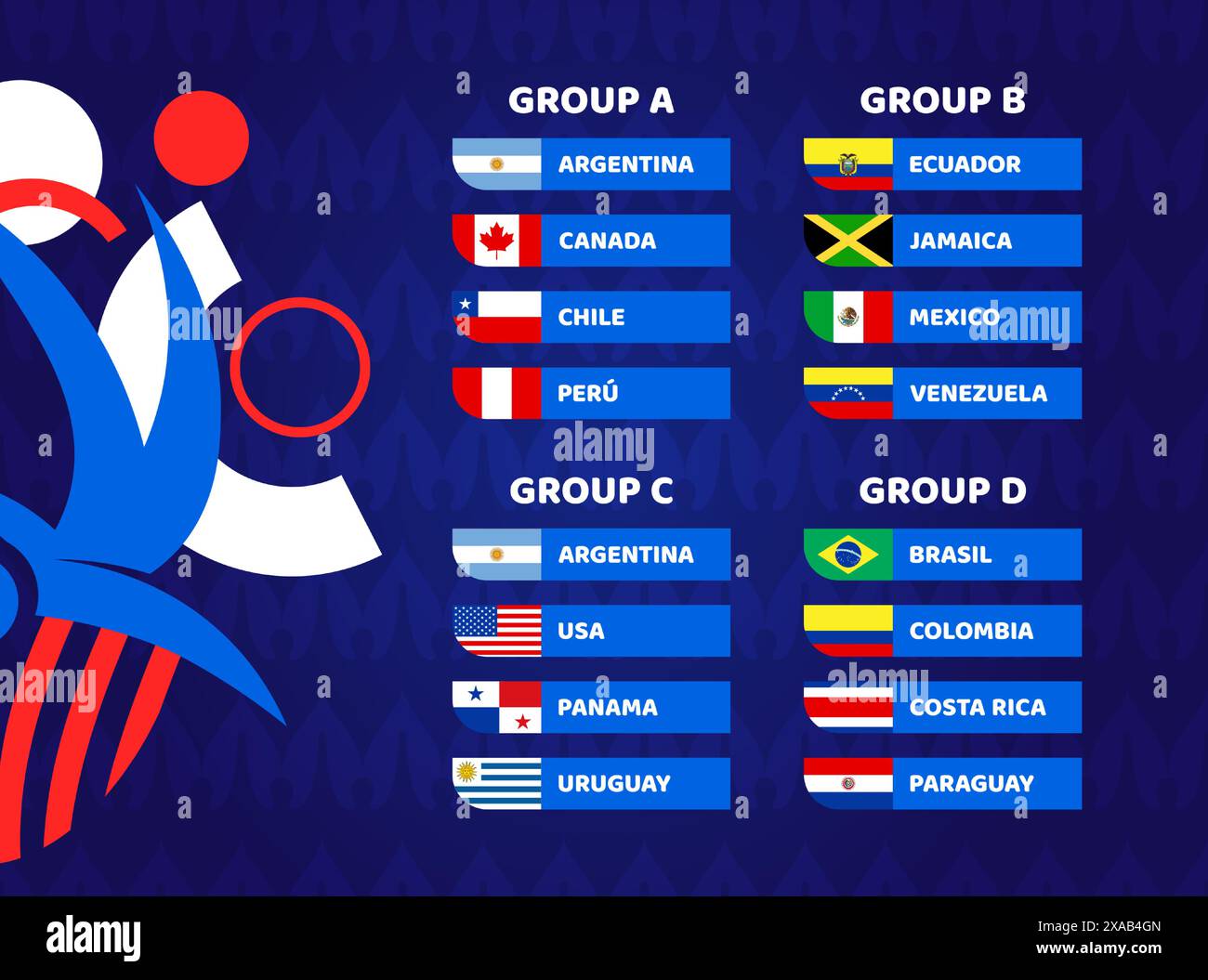 Football America 2024 gruppi finali. Tabella del sorteggio finale del campionato di calcio 2024. Squadre nazionali di calcio con icone di bandiera. Illustrazione Vettoriale