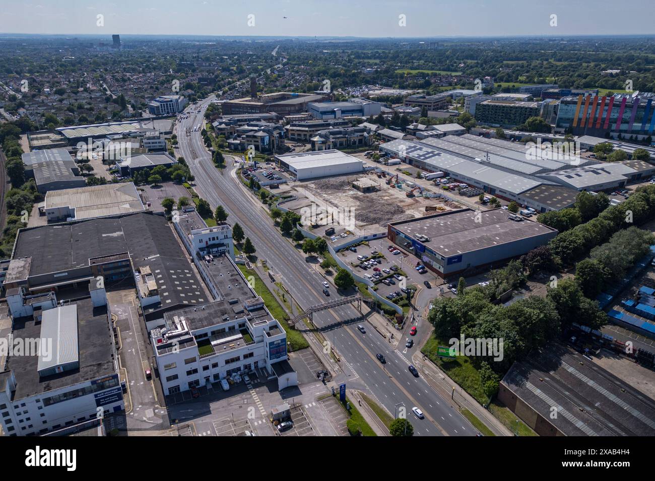 Vista aerea della Great West Road (A4) a Brentford, Londra, Regno Unito. Foto Stock