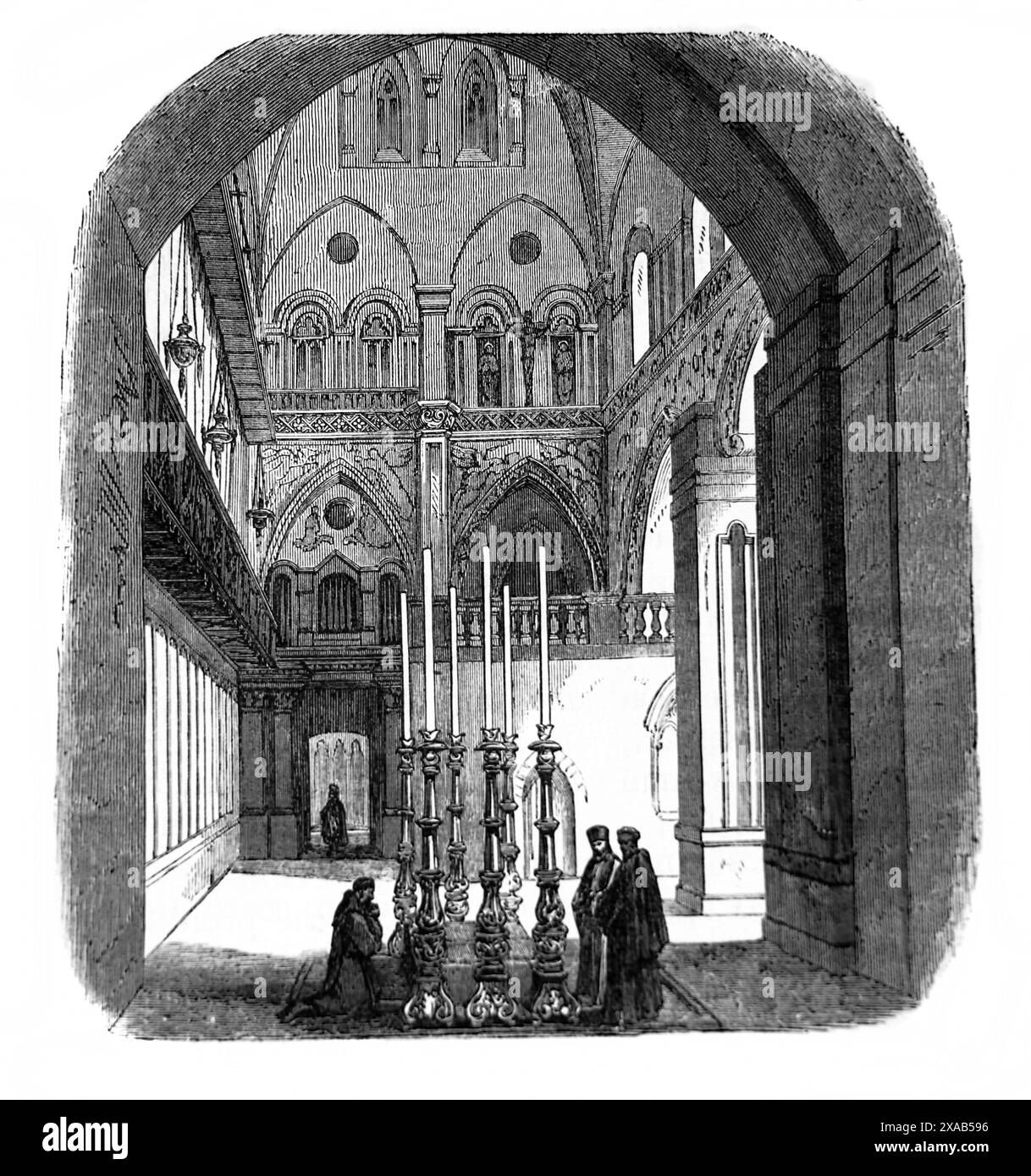 Incisione in legno della pietra d'unzione nella Chiesa del Santo Sepolcro di Gerusalemme, dove Gesù Cristo corpo fu deposto dopo essere stato rimosso dal l Foto Stock