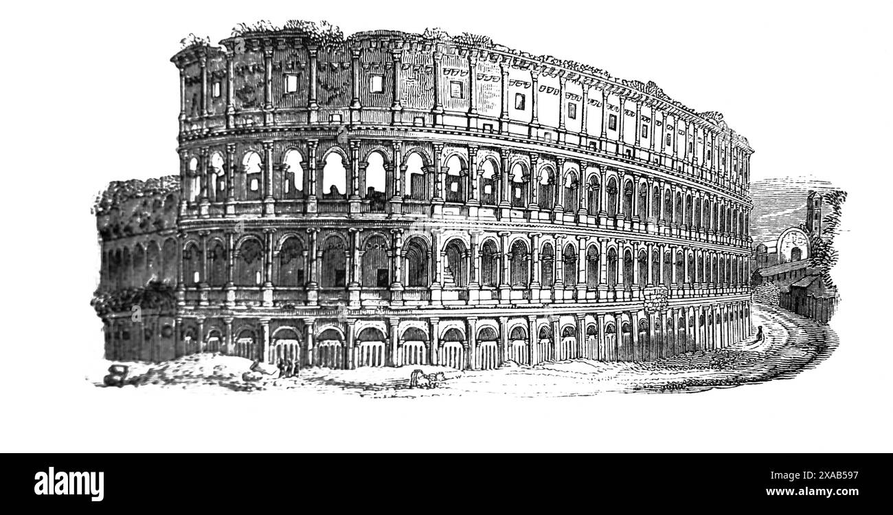 Incisione in legno del Colosseo Romano di Vespasiano a Roma dall'antica Bibbia di famiglia illustrata del XIX secolo Foto Stock