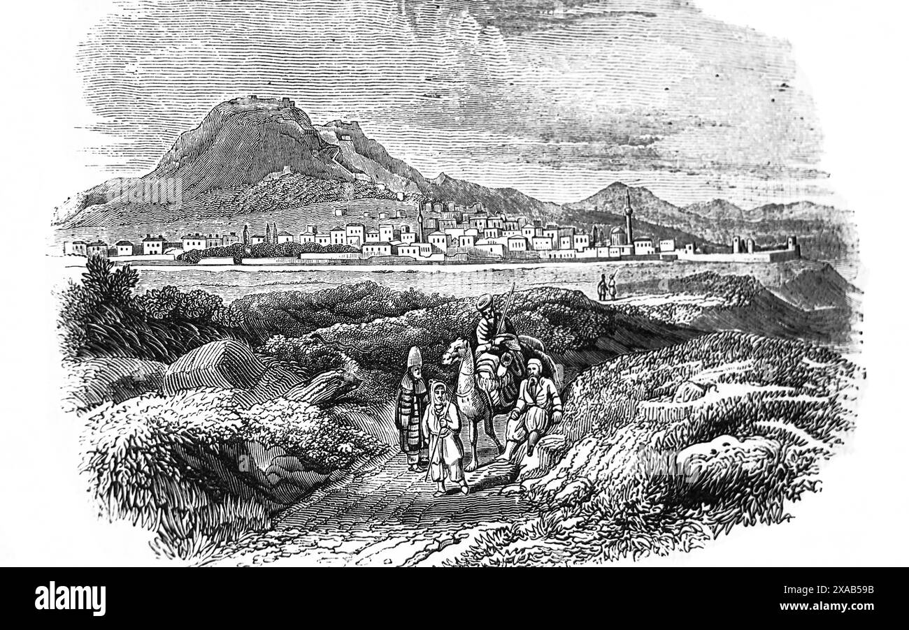 Incisione in legno di Una famiglia che viaggia con la città di Corinto alle spalle dell'antica Bibbia di famiglia illustrata del XIX secolo Foto Stock