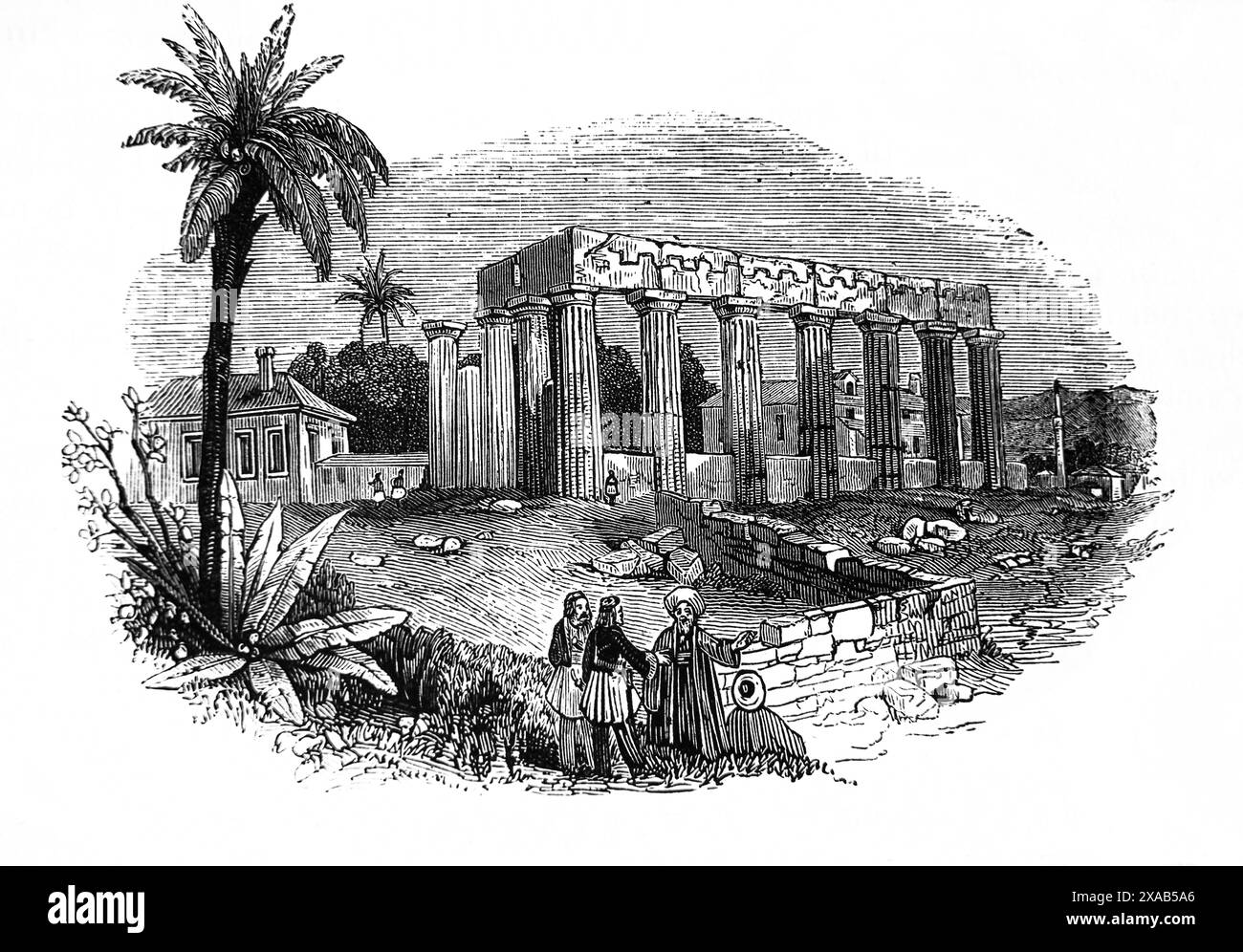 Incisione in legno del Tempio di Minerva a Corinto Grecia dall'antica Bibbia di famiglia illustrata del XIX secolo Foto Stock