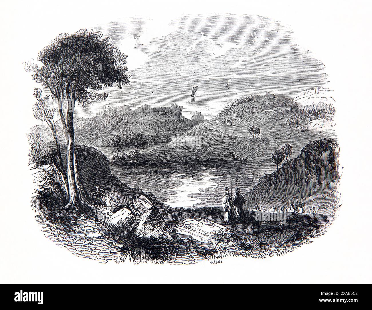 Incisione in legno dell'antica città portuale di Ascalona del Levante meridionale Israele dall'antica Bibbia di famiglia illustrata del XIX secolo Foto Stock