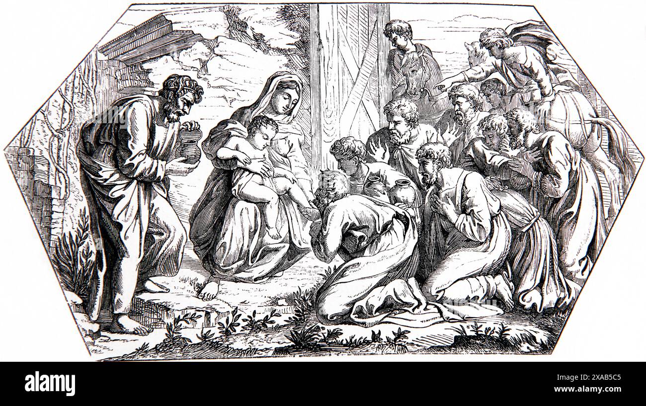 Incisione in legno dell'Adorazione dei Magi (Raffaello) dall'antica Bibbia di famiglia illustrata del XIX secolo Foto Stock