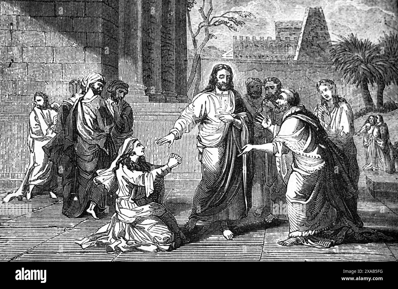 Incisione in legno della donna siro fenicia (cananea) che implorava Gesù di aiutare la figlia posseduta dal demone (Matteo) nuovo Testamento dall'Antico XIX secolo Foto Stock