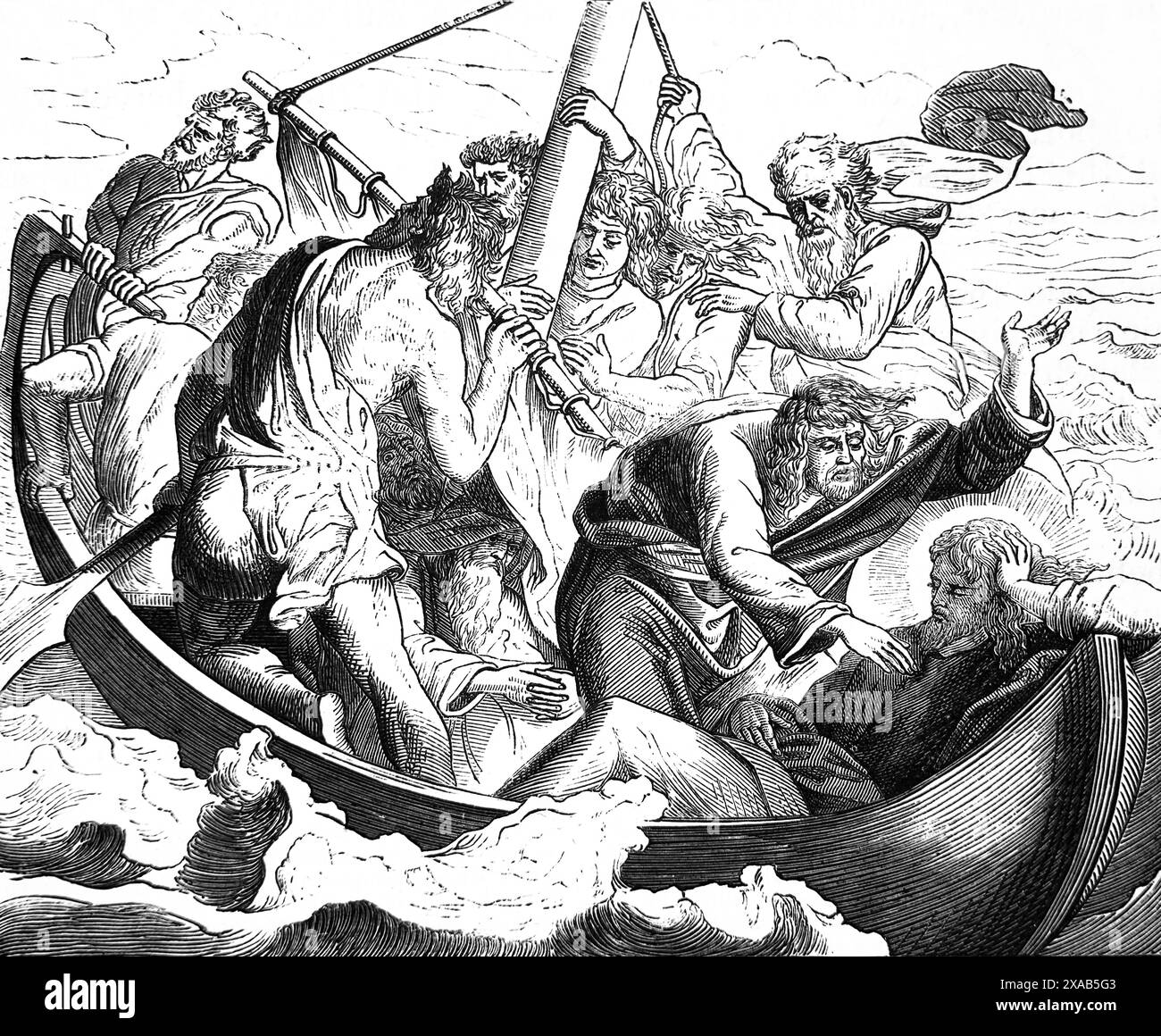 Incisione in legno di Gesù addormentato nella tempesta da un dipinto di Schnorr in Antica Bibbia di famiglia illustrata del XIX secolo Foto Stock