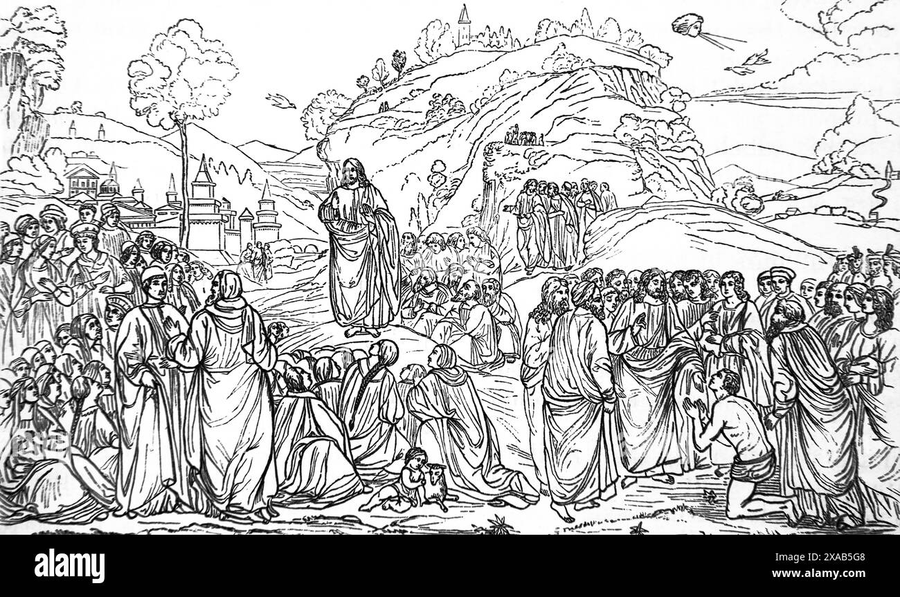 Incisione in legno di Gesù Cristo predicando al popolo nel Vangelo di Matteo nuovo Testamento dal XIX secolo illustrata Bibbia familiare Foto Stock