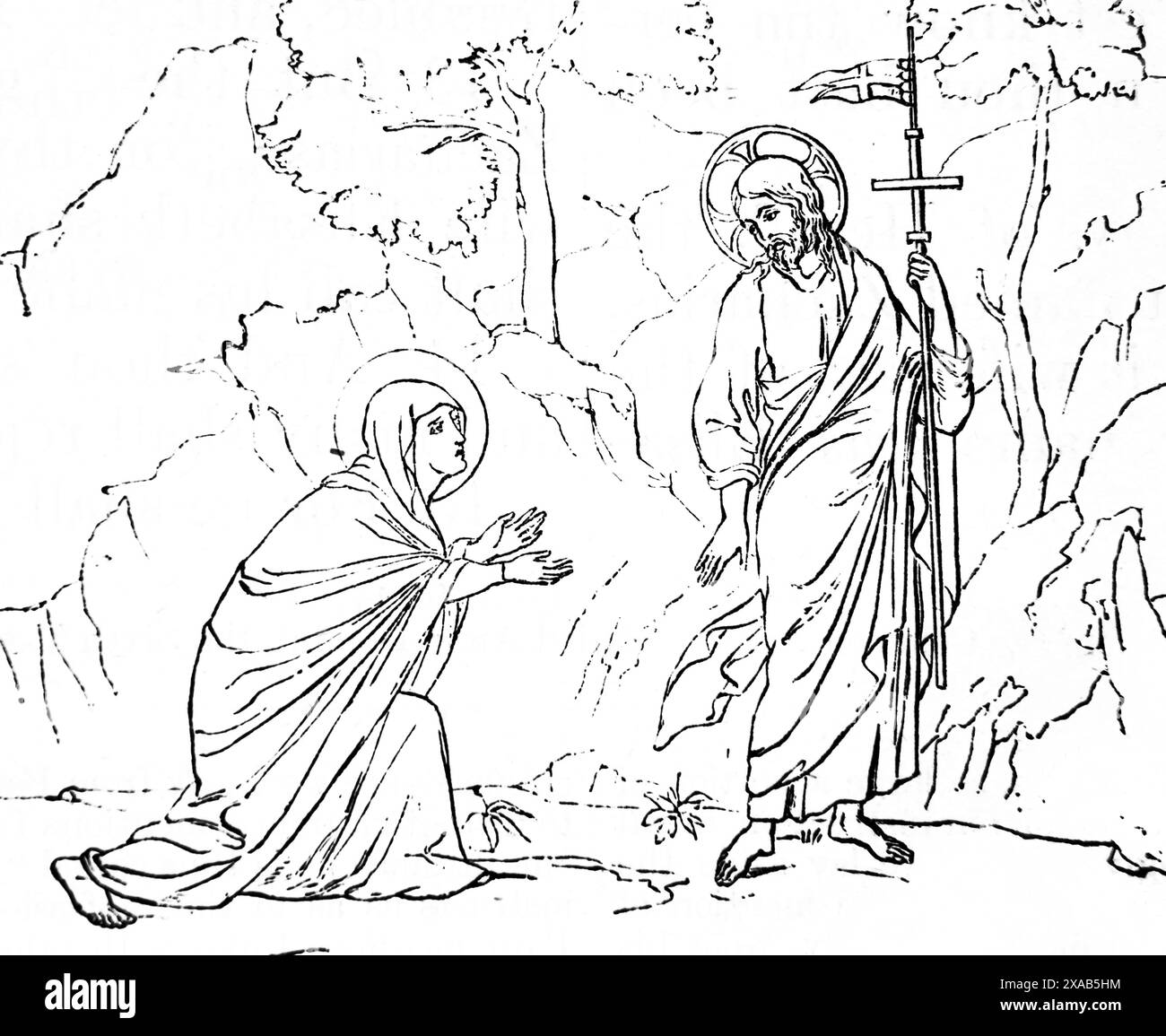 Incisione in legno di Gesù Cristo che appare a Maria Maddalena dopo la sua Resurrezione (Matteo) di Duccio in Antica Bibbia illustrata di famiglia del XIX secolo Foto Stock