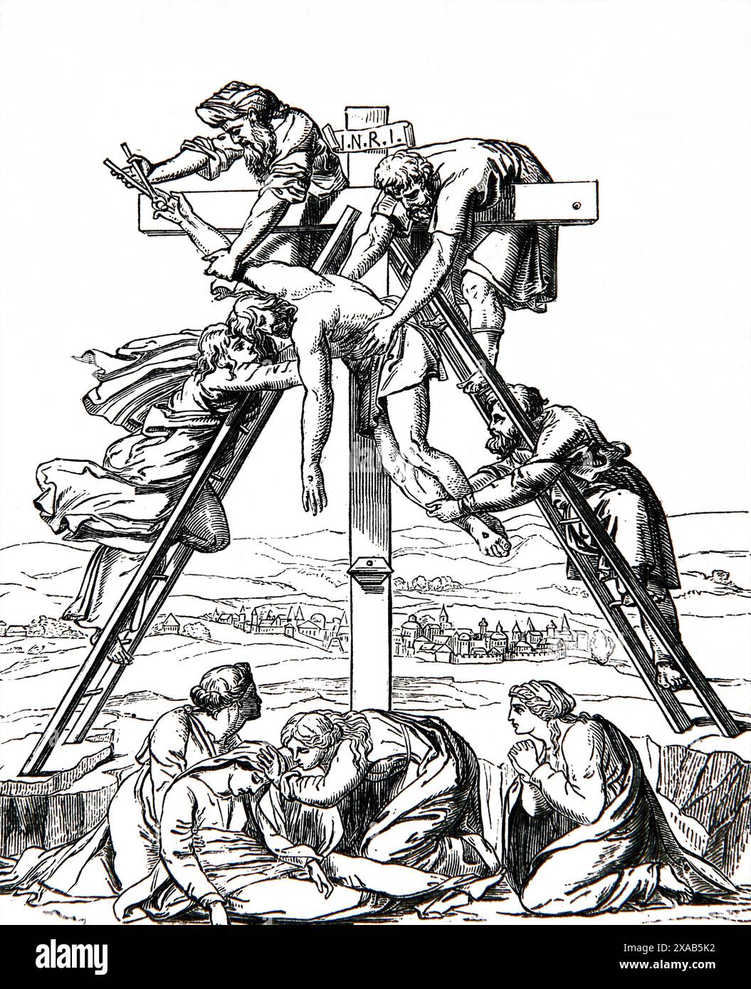 Incisione in legno della discesa dalla Croce (Vangeli) - Raffaello nuovo Testamento dell'Antica Bibbia di famiglia illustrata del XIX secolo Foto Stock