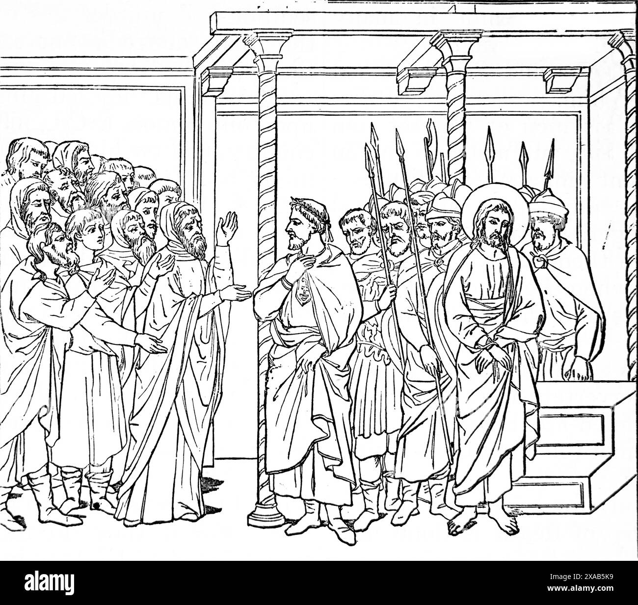 Incisione in legno di Gesù Cristo portata davanti a Ponzio Pilato da un dipinto di Duccio in Antica Bibbia di famiglia illustrata del XIX secolo Foto Stock