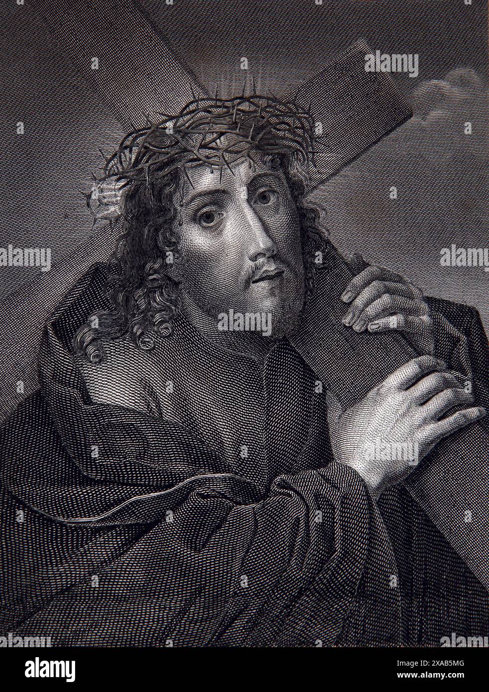 Incisione in legno di Gesù Cristo con Corona di spine che porta la croce Vangelo di Giovanni dall'antica Bibbia di famiglia illustrata del XIX secolo Foto Stock