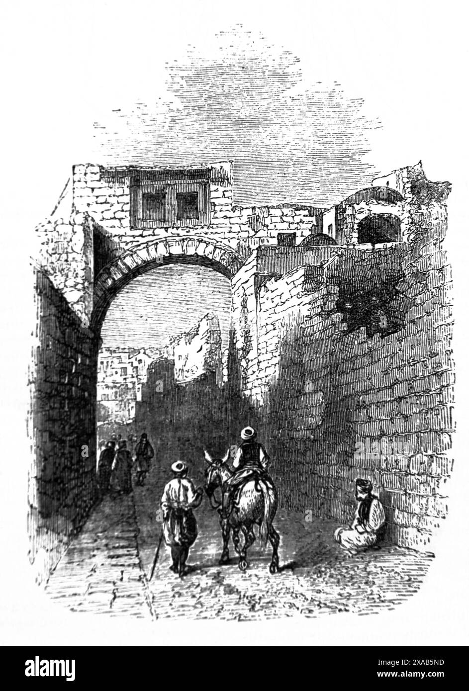 Incisione in legno della via dolorosa - la via dolorosa nella città Vecchia di Gerusalemme, che si crede sia il percorso intrapreso da Gesù Cristo sulla strada per il suo Crocifisso Foto Stock