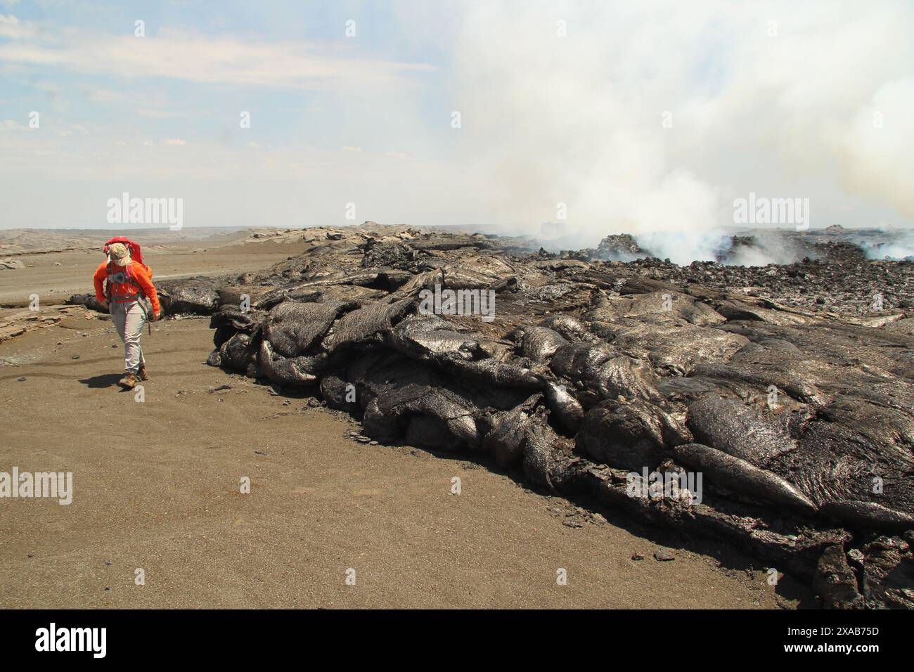 Kilauea, Stati Uniti. 4 giugno 2024. Un geologo dell'Osservatorio vulcanico delle Hawaii osserva i flussi di lava dalla fessura 2 sulla Southwest Rift zone, ancora fumanti mentre si indurisce all'interno della caldera vulcanica Kilauea presso il Parco Nazionale dei Vulcani delle Hawaii, il 4 giugno 2024 a Kilauea, Hawaii. La recente eruzione si è interrotta a partire da martedì. Crediti: Michael Zoeller/USGS/Alamy Live News Foto Stock