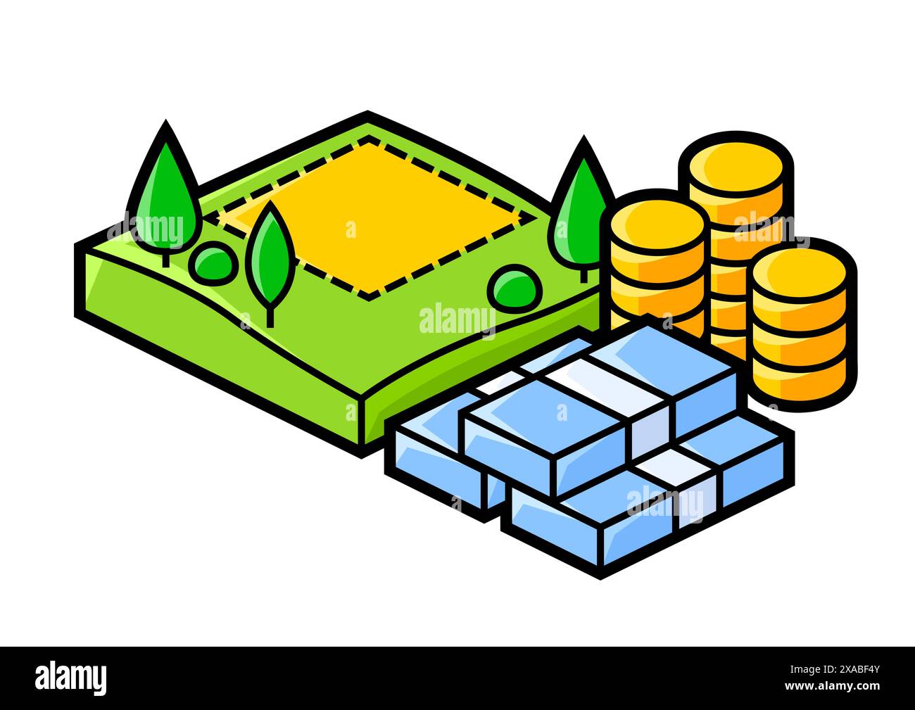 Immagine di terreno e denaro. Illustrazione immobiliare in stile isometrico. Illustrazione Vettoriale
