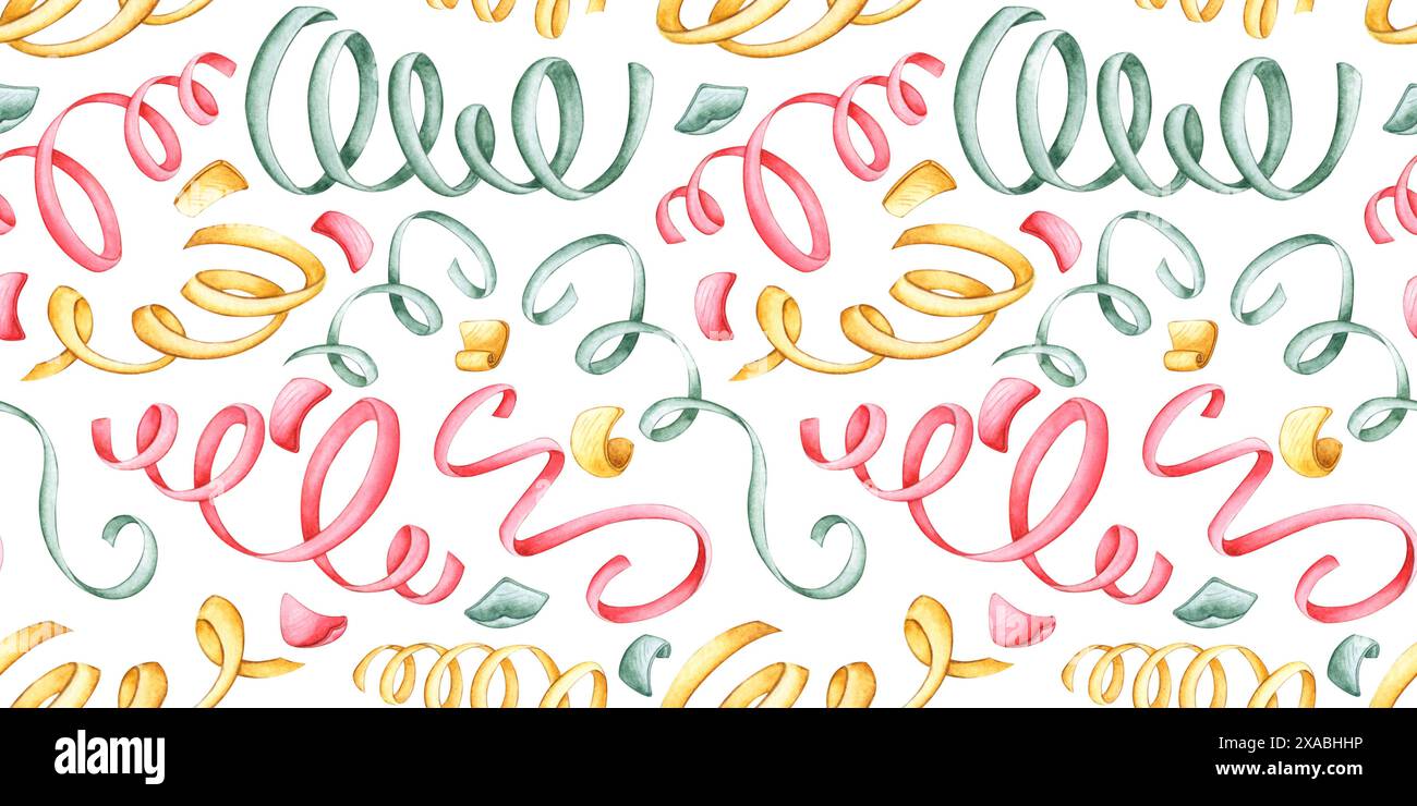 Nastri di coriandoli nei colori rosso, giallo e verde, illustrazione ad acquerello. Ideale per inviti a feste, decorazioni natalizie e design natalizio Foto Stock