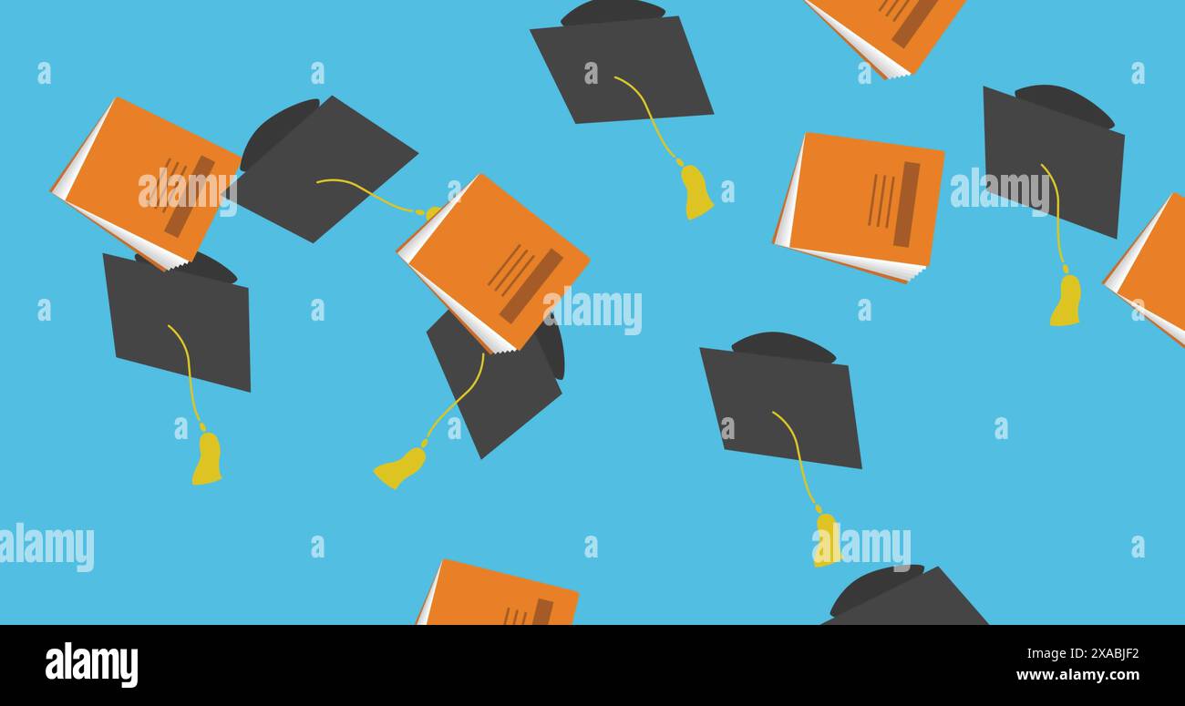 Immagine dei libri e dei copricapo su sfondo blu Foto Stock