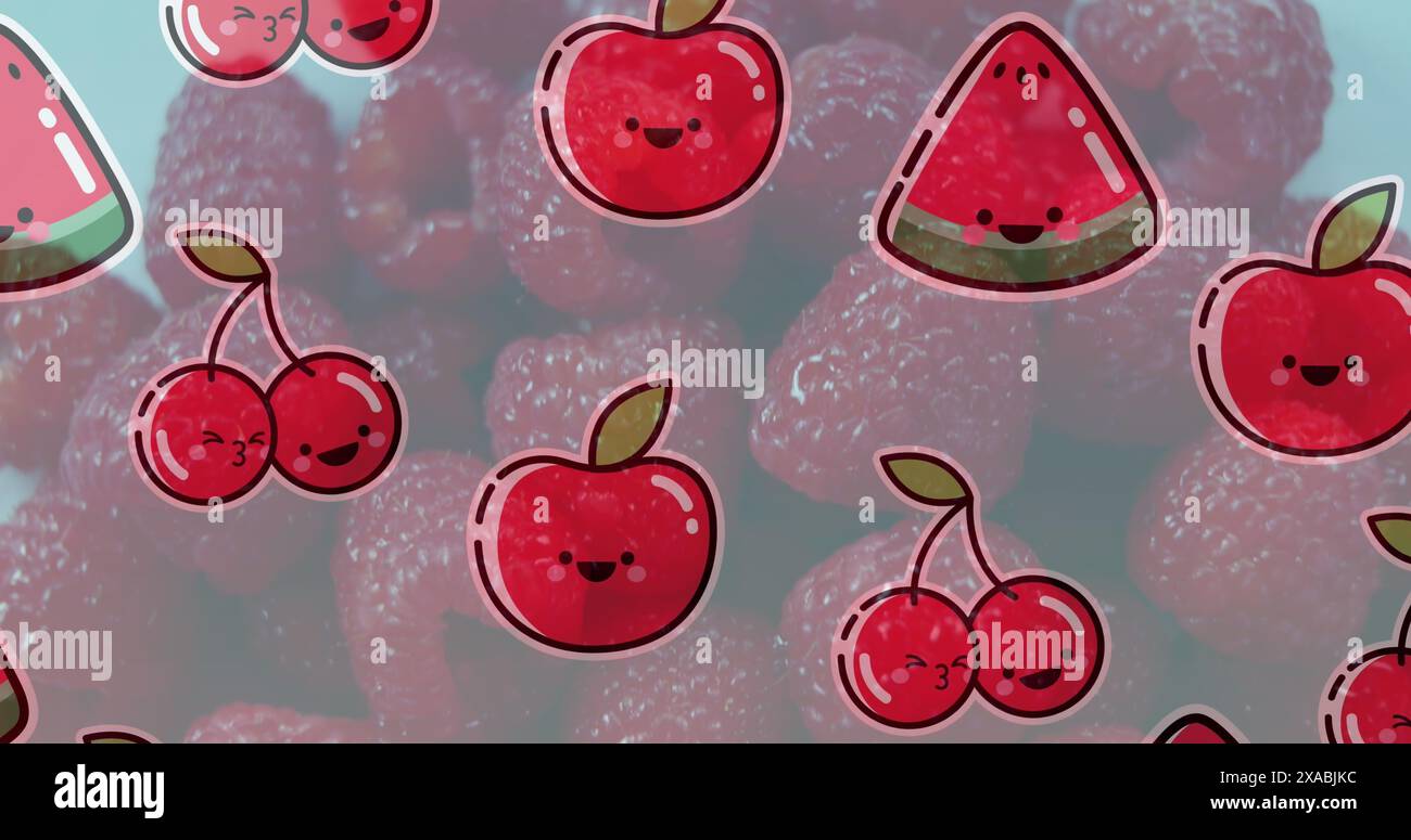 Immagine dell'illustrazione con frutta su lamponi freschi Foto Stock