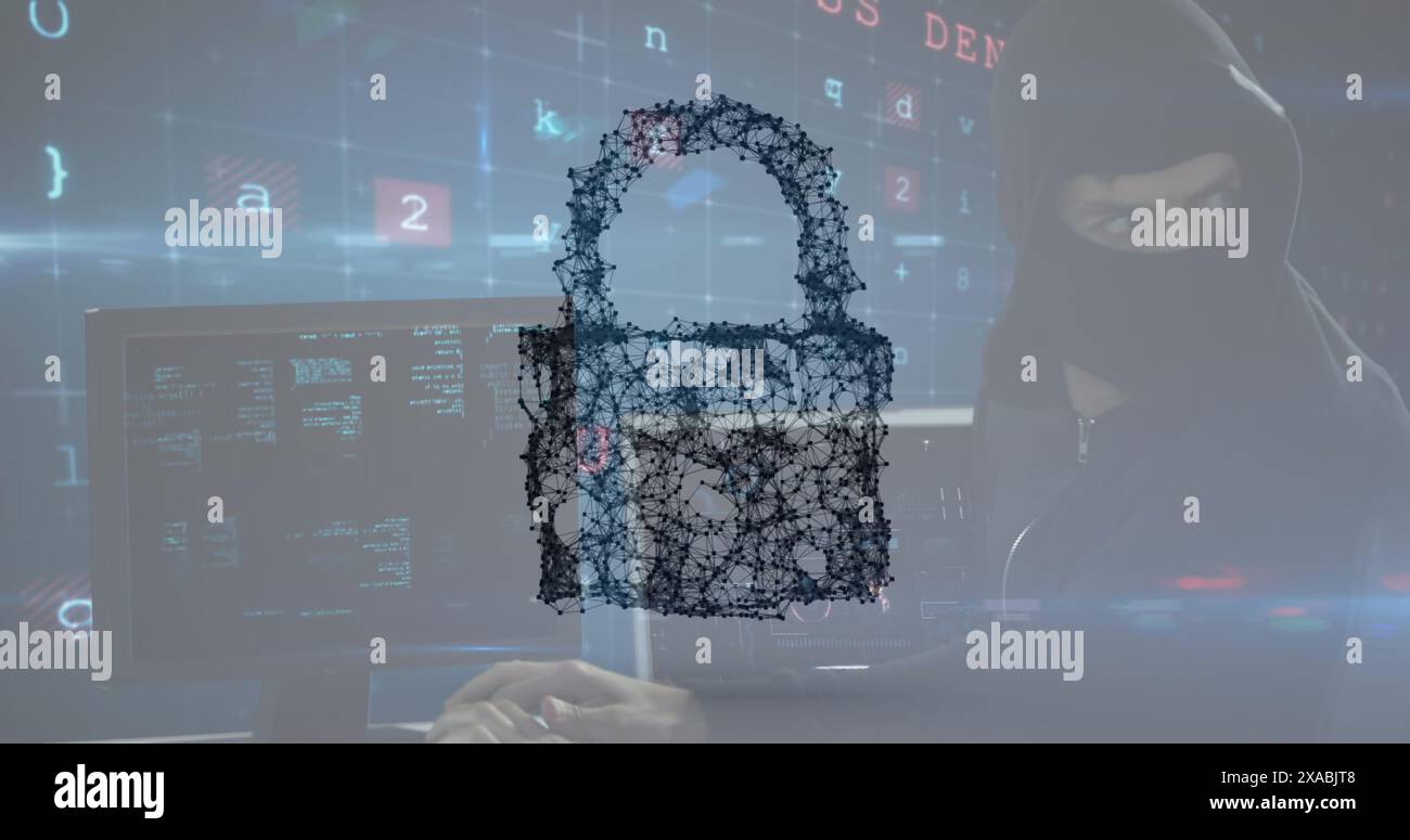 Immagine dei numeri e del lucchetto di sicurezza online sopra l'hacker che usa il computer Foto Stock