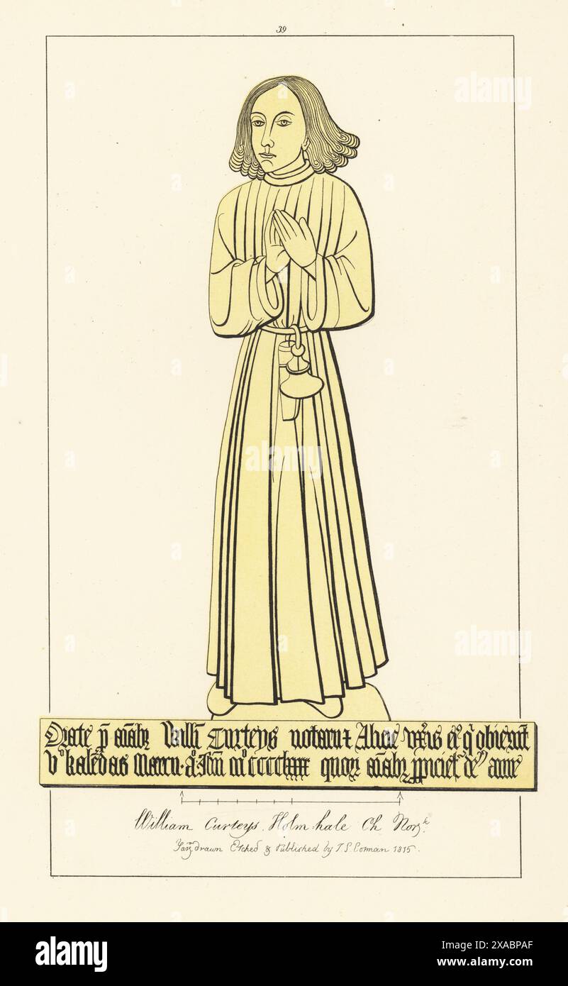 William Curteys, notaio in vesti con custodia a penna e corno d'inchiostro sulla cintura, 1490. Memorial Brass alla chiesa di St Andrew, Holme Hale, Norfolk. Incisione a mano in rame disegnata, incisa e pubblicata da John Sell Cotman in Engravings of the Most Remarkable of the Sepulchral Brasses in Norfolk, Henry Bohn, Londra, 1818. Foto Stock