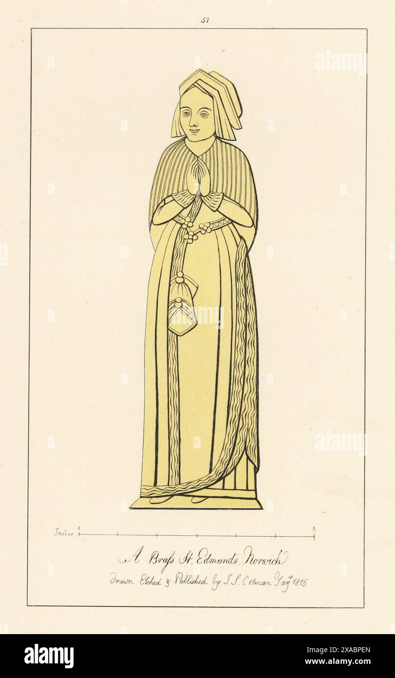 Ottone commemorativo di una donna sconosciuta nella chiesa di St Edmund, Norwich, Norfolk, 1520. Con il cappuccio a timpano, tippet sulle spalle, abito con lungo trenino fissato alla cintura e borsa con coulisse. Incisione a mano in rame disegnata, incisa e pubblicata da John Sell Cotman in Engravings of the Most Remarkable of the Sepulchral Brasses in Norfolk, Henry Bohn, Londra, 1818. Foto Stock