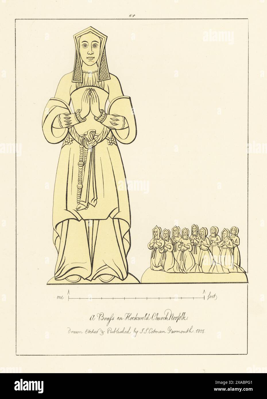 Amfelicia Tindale, moglie di Sir John Tindale, 1532. Cappuccio a timpano, abito con parte anteriore corta e treno lungo, maniche strette e tagliate. Nove figlie in ginocchio. Memorial Brass nella chiesa di San Pietro, Hockwold, Norfolk. Incisione a mano in rame disegnata, incisa e pubblicata da John Sell Cotman in Engravings of the Most Remarkable of the Sepulchral Brasses in Norfolk, Henry Bohn, Londra, 1818. Foto Stock