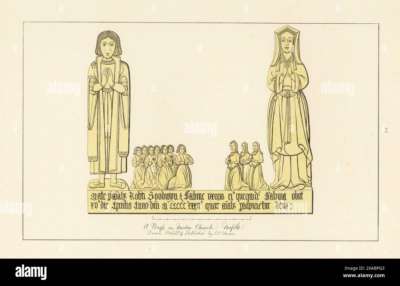 Robert Goodwyn e la moglie Sabina, 1532 anni. Uomo in mantello con lunghe maniche appese, moglie in cappa a timpano, abito con parte anteriore corta e treno lungo. Con i loro sette figli e tre figlie. Memorial Brass in All Saints Church, Necton, Norfolk. Incisione a mano in rame disegnata, incisa e pubblicata da John Sell Cotman in Engravings of the Most Remarkable of the Sepulchral Brasses in Norfolk, Henry Bohn, Londra, 1818. Foto Stock