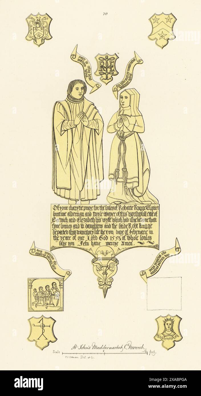 Robert Rugge, sceriffo e sindaco di Norwich, e moglie Elizabeth, 1558 anni. Uomo in veste da sindaco, moglie in cappa a timpano e abito con cintura annodata. Quattro figli con brezze tagliate in stile spagnolo. Memorial Brass in St John's Maddermarket Church, Norwich, Norfolk. Incisione a mano in rame disegnata, incisa e pubblicata da John Sell Cotman in Engravings of the Most Remarkable of the Sepulchral Brasses in Norfolk, Henry Bohn, Londra, 1818. Foto Stock